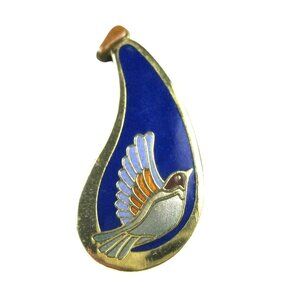 Vintage Laurel Burch Gold Tone Enamel Bird Pendant Teardrop Celeste Dove